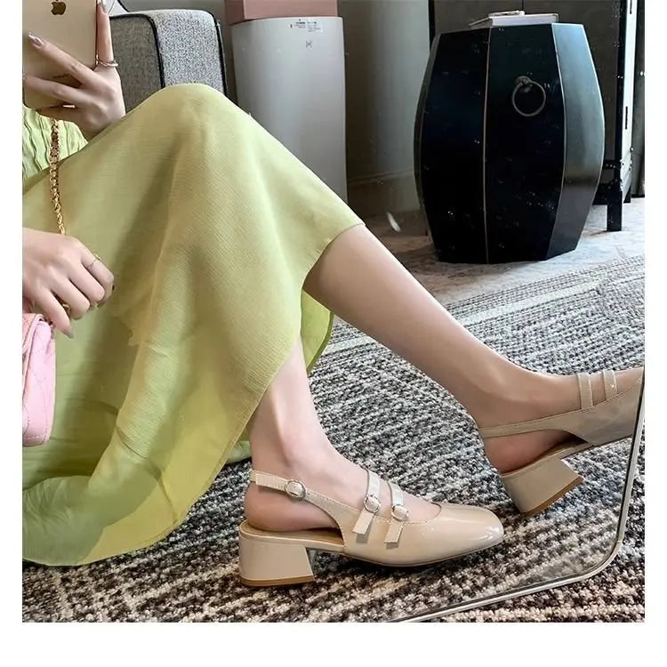 2025 Burgundy Mary Janes Square-Toe Double-Buckle Patent Leather Chunky Heel Shoes with Jean Styling