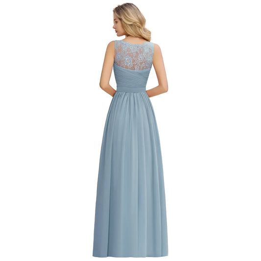 Elegant Bridesmaid Dress Pleated Bodice See-through Lace Cap Sleeves Maxi Flowy A-Line Skirt Wedding Party Gown Women