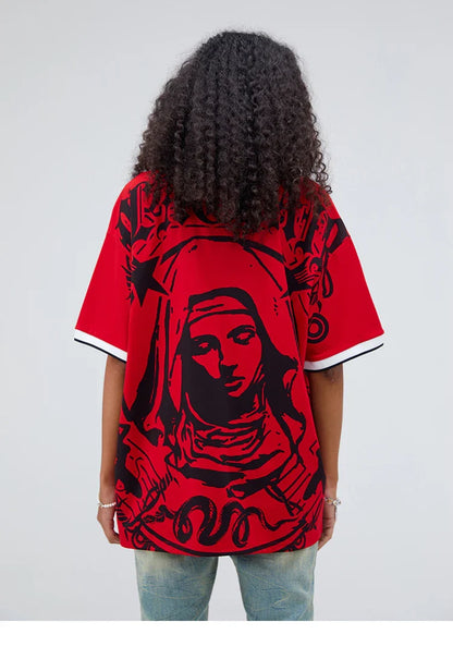 Hip Hop Streetwear Polo T-Shirt Virgin Mary Graphic T Shirt Men Polo Shirt Short Sleeve Harajuku Cotton Tops Tees Red Grey