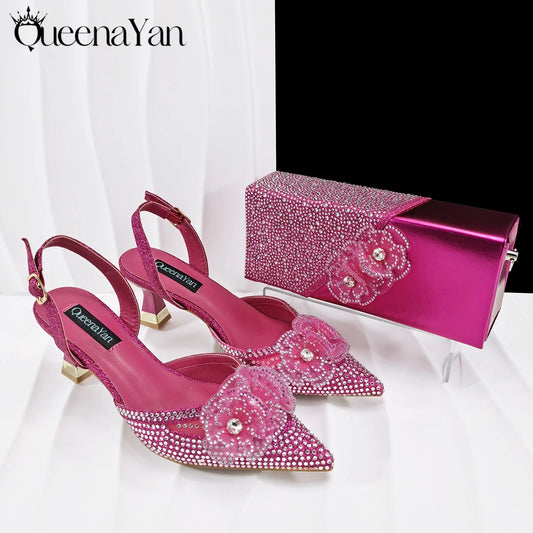 New Arrival Elegant Mature Fuchsia Color Rhinestone Design Pointed Toe High Heel and Bag Set for Party Wedding