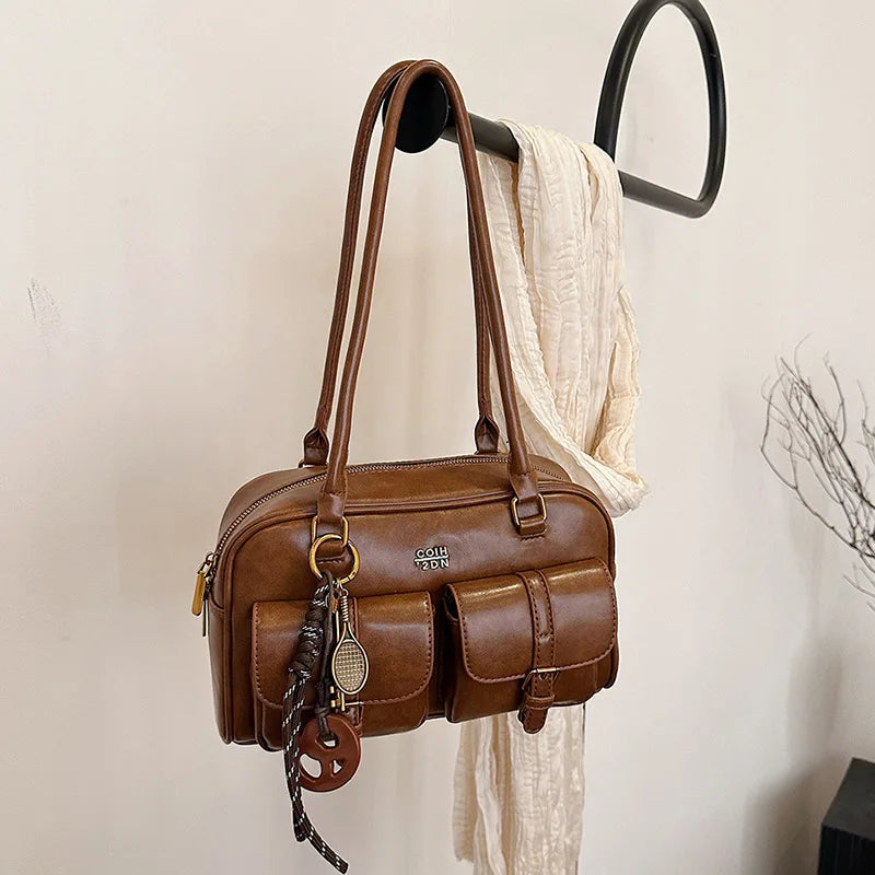 Women's Coffee Brown Multi-Pocket Handbag Shoulder Bag, Stylish Versatile Letter Crossbody Purse for Travel Work Shopping Dates