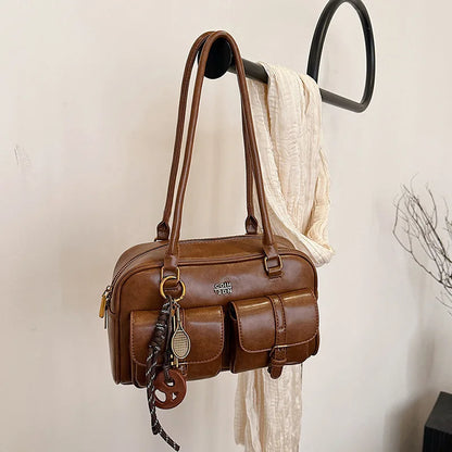 Women's Coffee Brown Multi-Pocket Handbag Shoulder Bag, Stylish Versatile Letter Crossbody Purse for Travel Work Shopping Dates