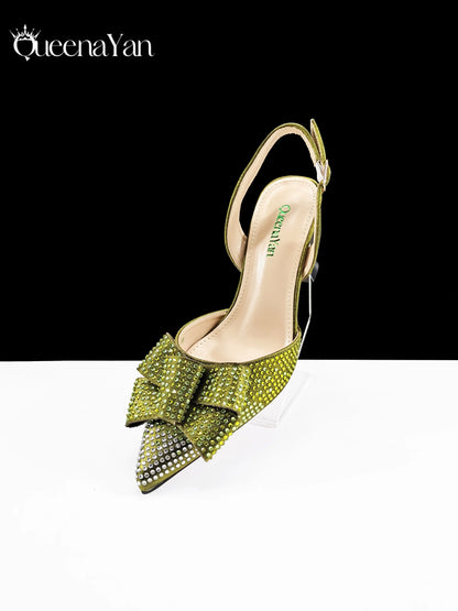 Newest Full of Rhinestone Design Olive Color Lady Sheos and Metal Bead-Embellished Handbag Set for Parrt Wedding