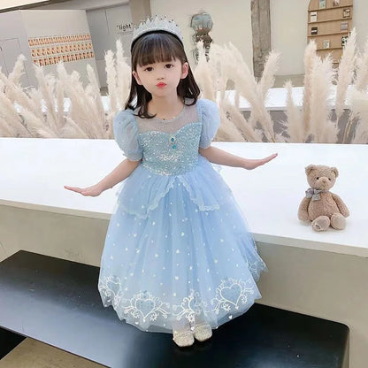 Vestido de princesa infantil de lantejoulas e tule azul com renda, xale de tule de floco de neve, festa infantil, vestido de princesa para formatura de menina