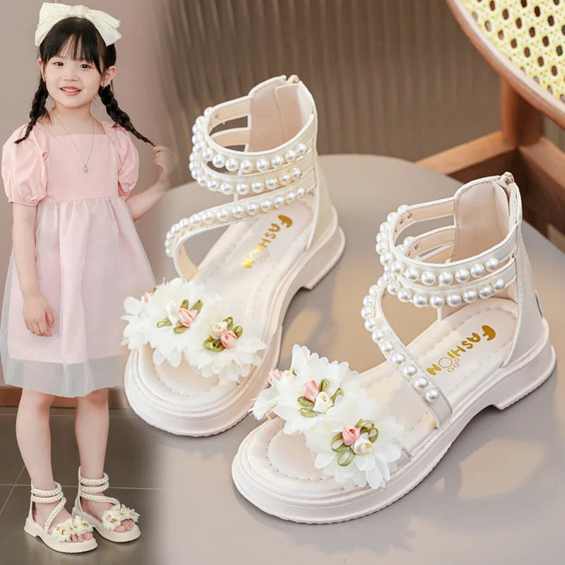 Children's Sandals for Girls Elegant Sandals Pearl Beading Sweet Princess Dress Shoes Kids High-top Roman Sandals Back Zipper