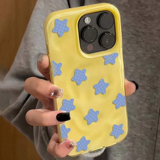Cartoon Black Checkered Star Pattern Korean Phone Case for IPhone 16 17 Air 15 14 13 12 11 Pro Max Plus Shockproof Soft Cover