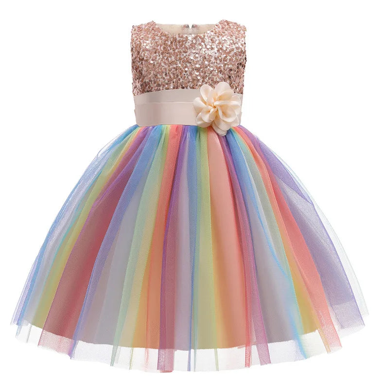 Vestido de princesa flor de lantejoulas para meninas 3-12 anos vestido de laço elegante colorido de renda de malha carnaval festa de aniversário apresentação