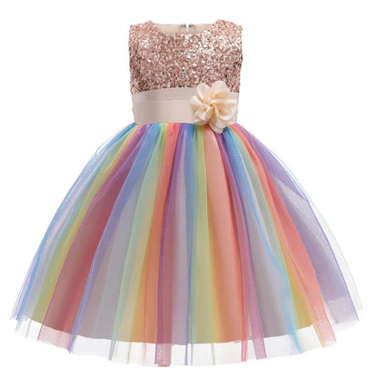 Vestido de princesa flor de lantejoulas para meninas 3-12 anos vestido de laço elegante colorido de renda de malha carnaval festa de aniversário apresentação