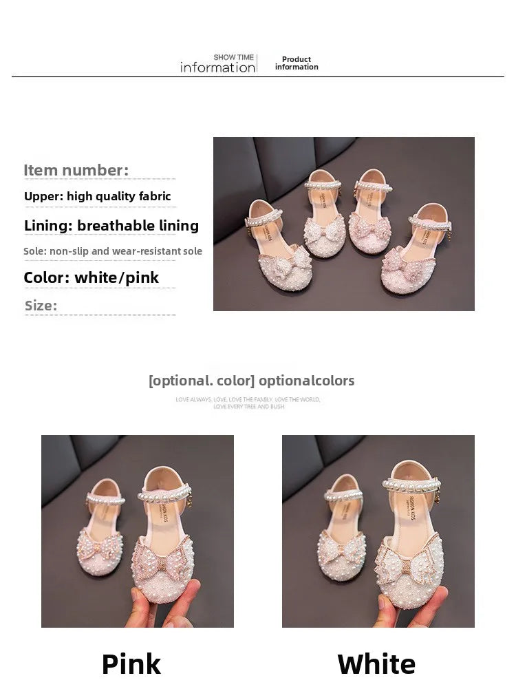 2026 Spring New Girl Sandals Cute Bow Pearl Sequins Kid Princess Shoes Flat Heels children Dancing 21-34