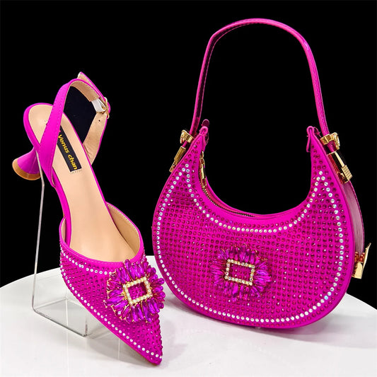Fuchsia Women Shoes And Shoulder Bag Set Fashion African Ladies High Heels Sandals Match With Handbag Pumps For Party CR1319