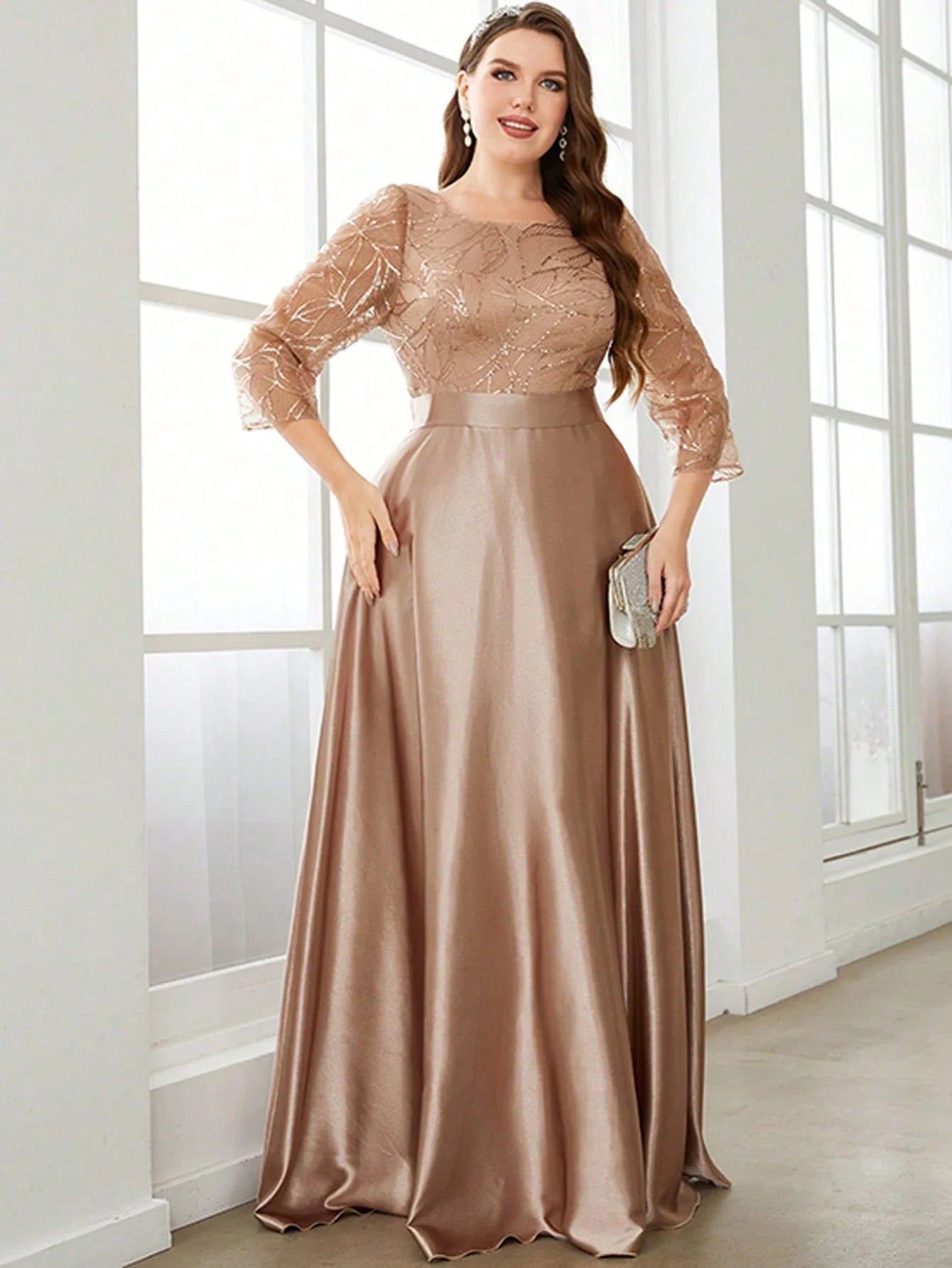 Neck long sleeve sequin patchwork satin long gown ball dress Party dress Bridesmaid dress