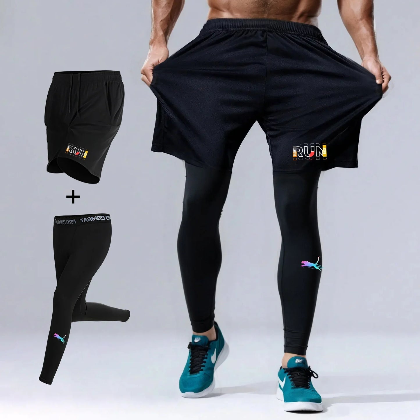 Men's 2 Piece Running Set Quick Dry Sport Shorts with Compression Tights for Gym Fitness Jogging Basketball