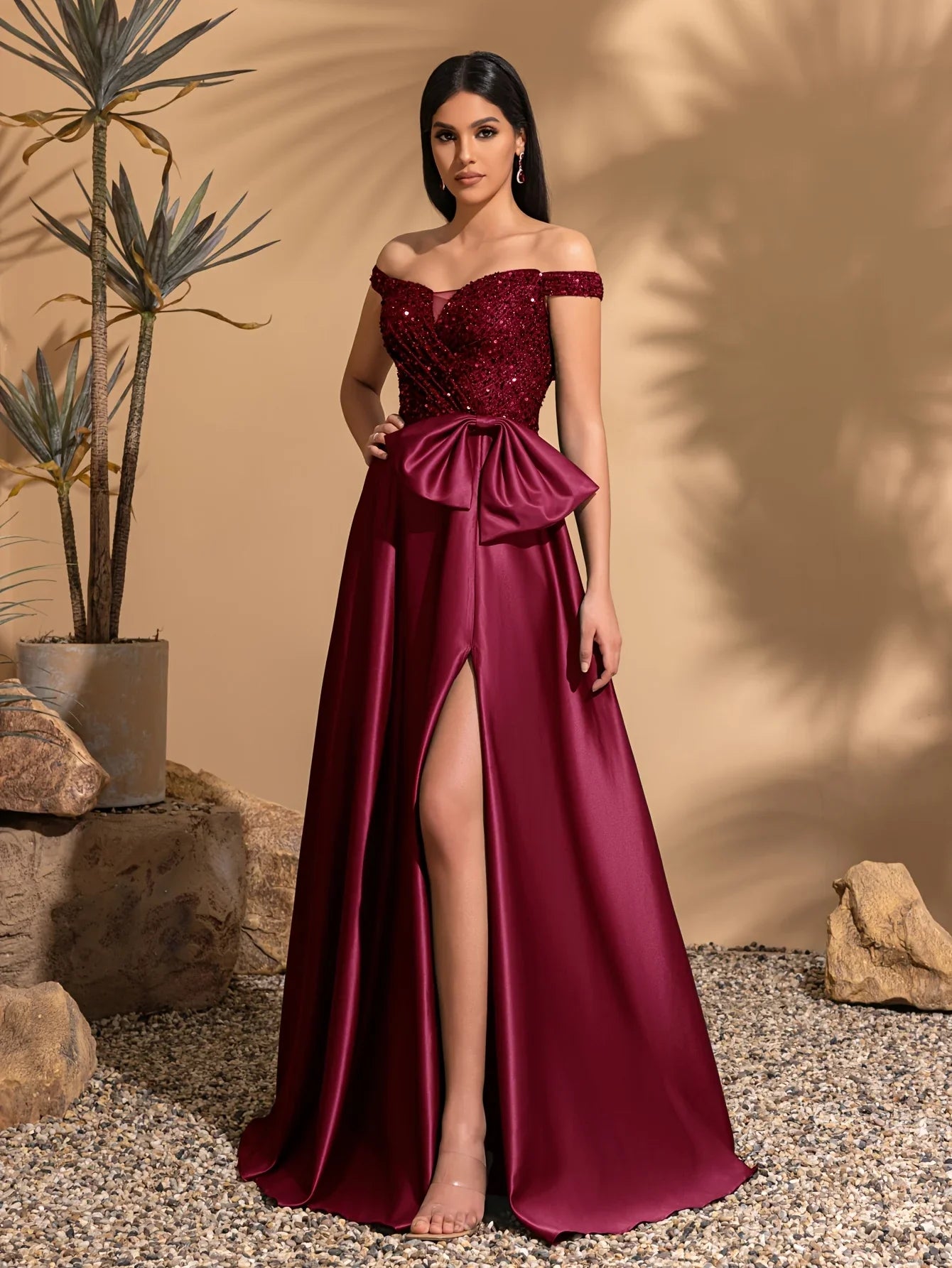 Off-the-shoulder sequined satin elegant dress with bow at waist
