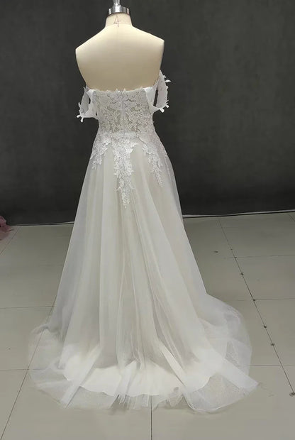 Lace Wedding Dresses 2022 Off The Shoulder Sweetheart Neck Bridal Gowns Side Split Appliques CountryWeddingGown Customized