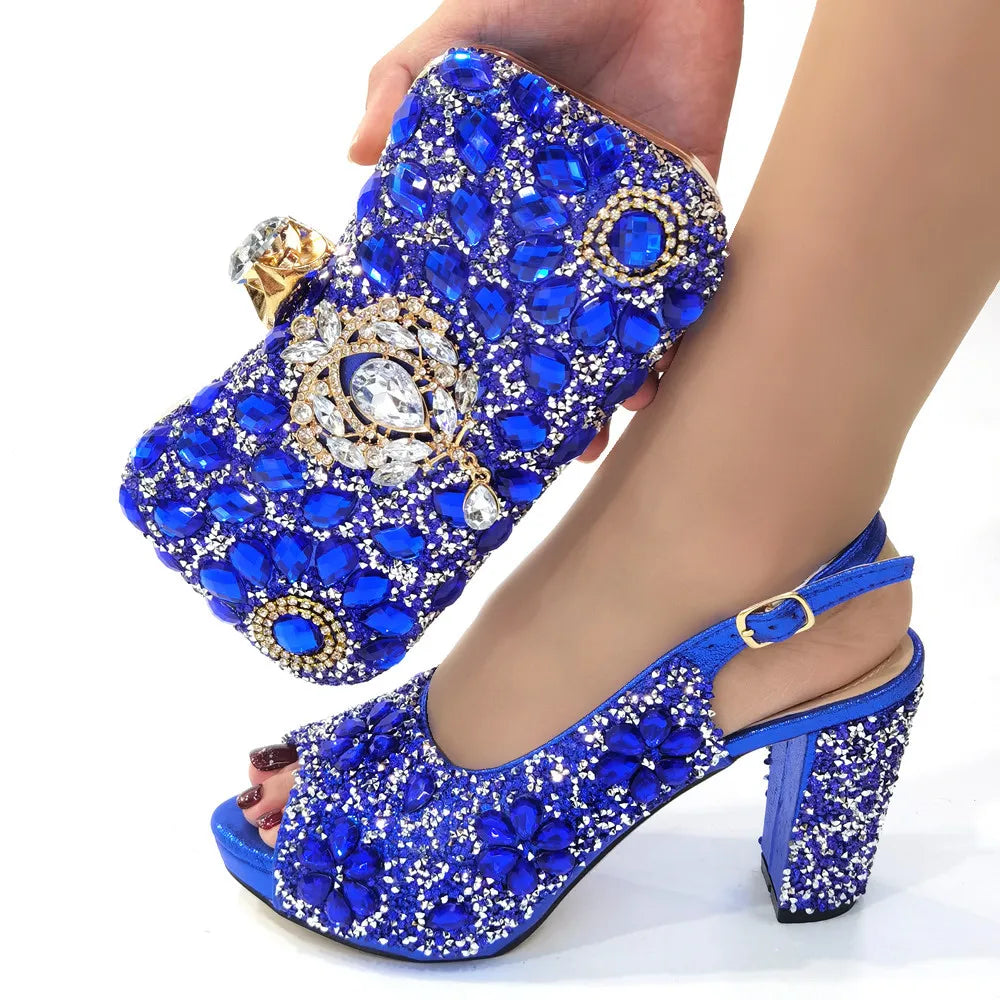 Conjunto de Sapatos de Salto Alto com Strass e Bolsa Feminino Luxuoso Último Design Italiano de Verão para Casamento Festa de Natal