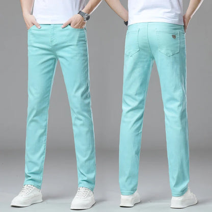 Straight Fashion Men's Jeans Solid Color Casual Business Stretch Washed Denim Trousers Breathable Streetwear Trendy Male Pants