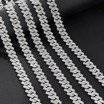 HipHop Men Women 14MM Prong Cuban Link Chain Necklace Bling Iced Out 2 Row Rhinestone Paved Miami Rhombus Cuban Necklace Jewelry