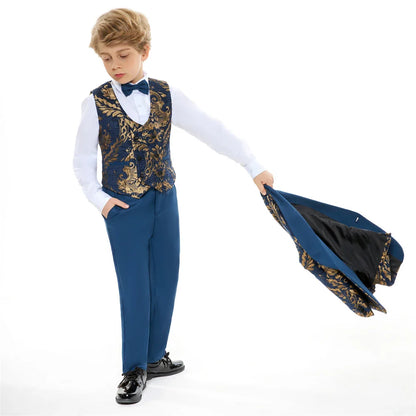 Luxury 4-Piece Set Suit Set for Boys 3-14 Years, Slim Fitting Jacket Vest Pants Bow-tie, Wedding Dresswear for Chidren In Stock