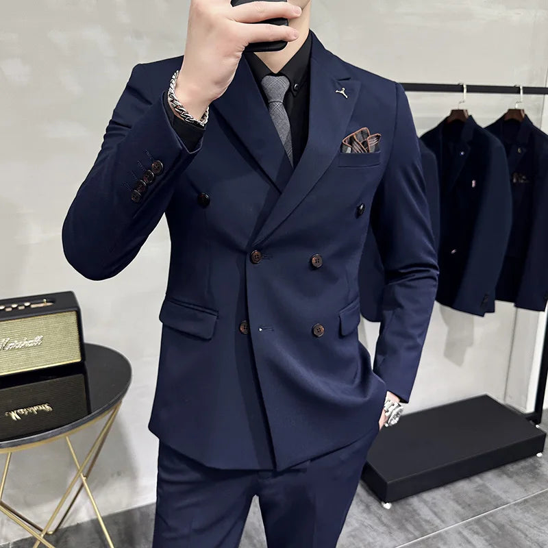 ( Blazers + Pants ) Boutique Fashion Solid Color Double-breasted Men's Casual Business Slim Suit 2-piece Set Groom Wedding Dress