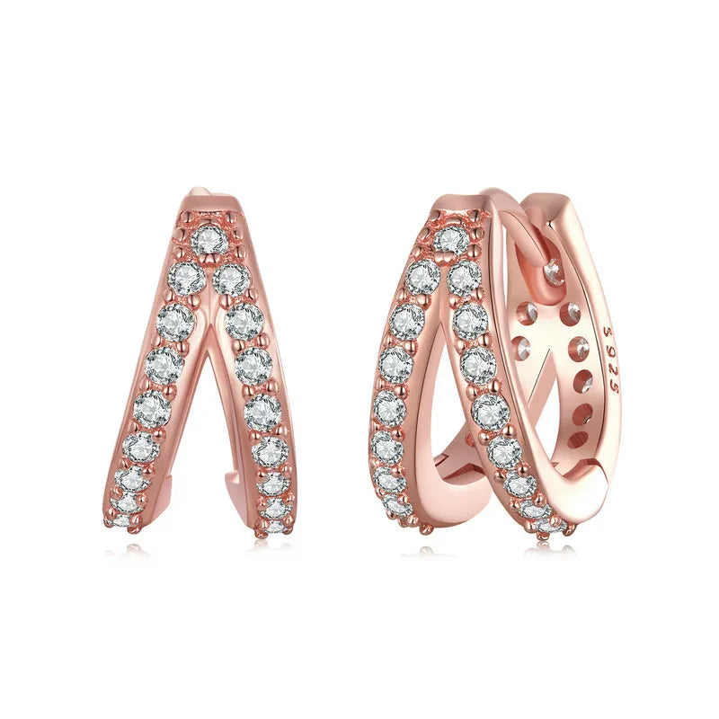 925 Sterling Silver Classic Geometry Earrings Women Zircon Crystal Double Rings Ear Hoop Earrings 3 Colors SCE1187