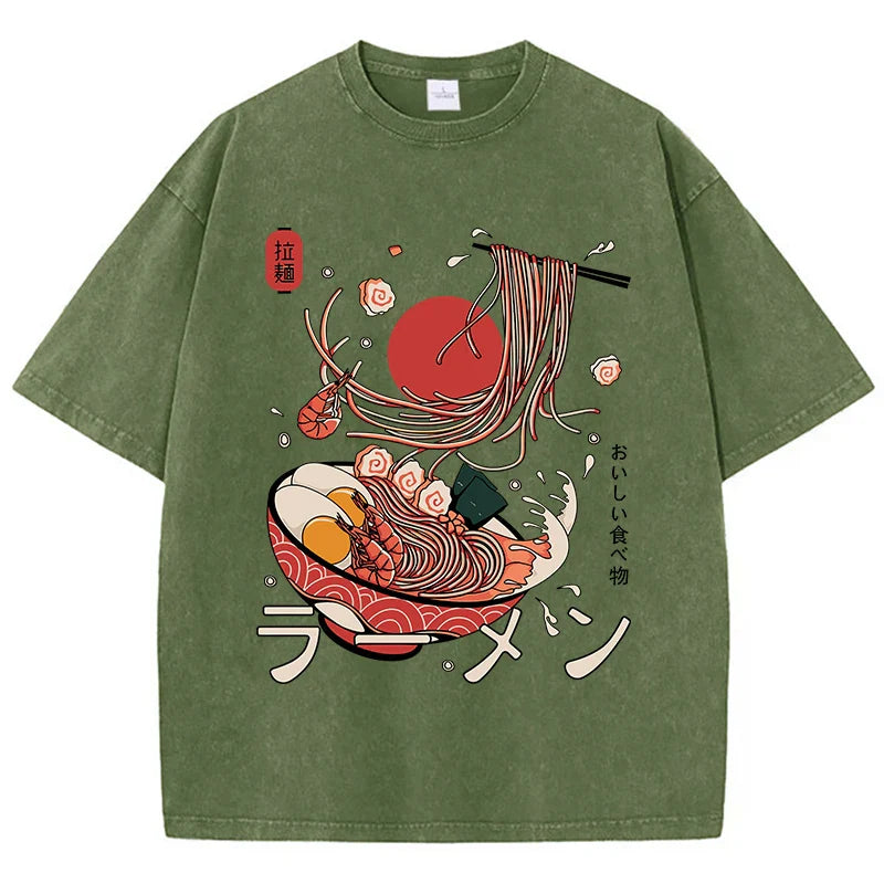 Ramen Noodles Cotton Washed T-Shirt Women Harajuku Printing Tops Comfortable O-Neck Oversized T Shirts All-Match Woman Clothes