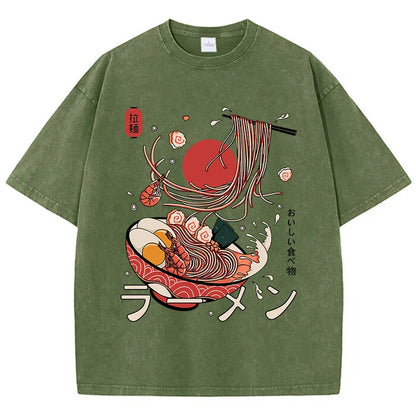 Ramen Noodles Cotton Washed T-Shirt Women Harajuku Printing Tops Comfortable O-Neck Oversized T Shirts All-Match Woman Clothes