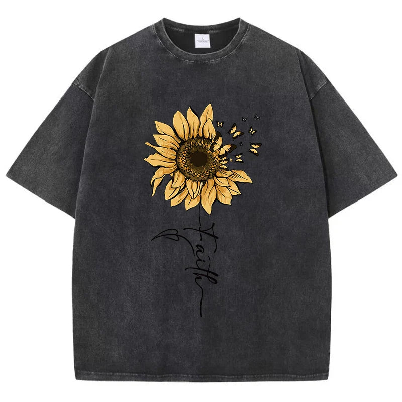 Sunflower And Butterfly Cotton Washed T-Shirt Women Prints Tops Summer O-Neck Oversized T Shirts Vintage Black Woman Clothes