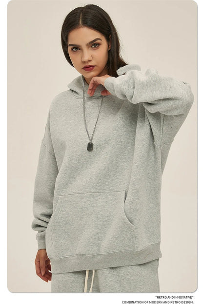 Thick 350gsm Fleece Hooded Hoodies For Men Unisex Winter Oversized Loose Basic Solid Sweatshirts Pullovers Coats HY0631