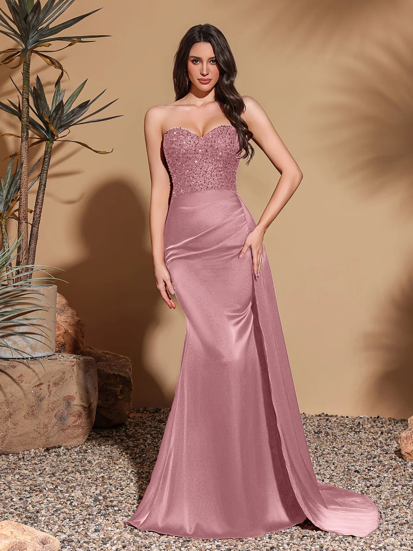 Satin waist pleated side flaps floor-length skirt, sequined spliced tube top dress