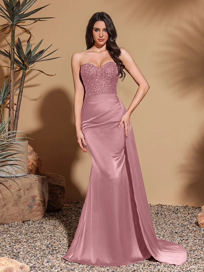 Satin waist pleated side flaps floor-length skirt, sequined spliced tube top dress