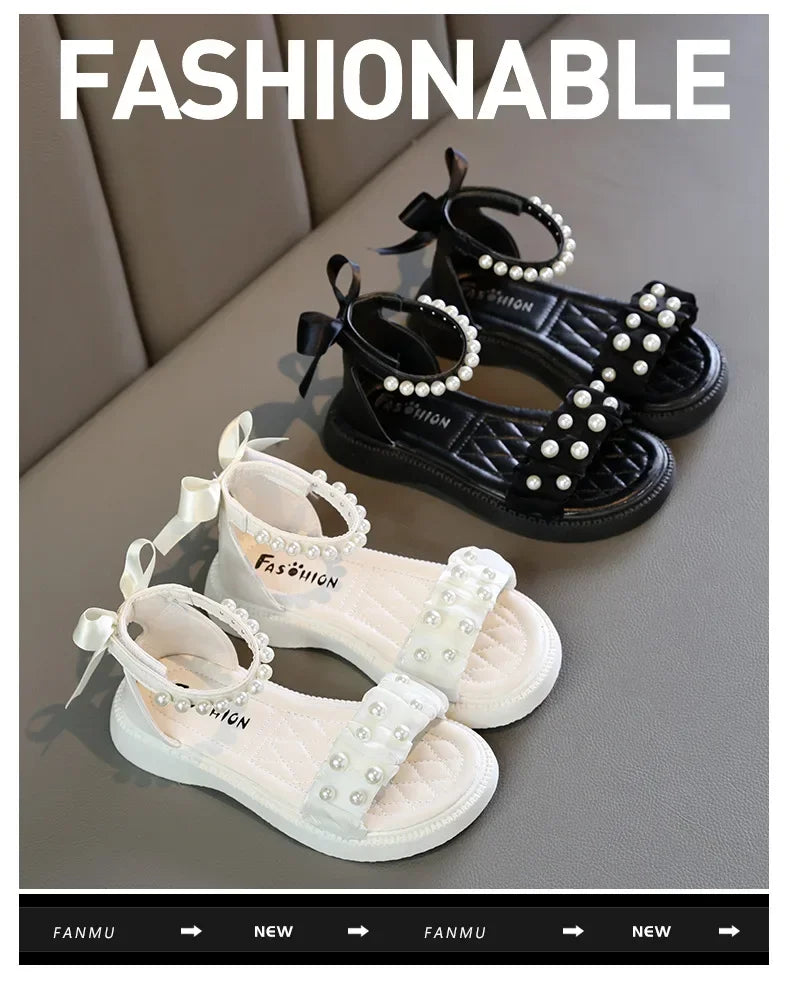 Children's Sandals Summer Bowtie Princess Shoes for Girls Fashion Sweet Kids Causal Pearl Roman Sandals Solid Color Hook Loop