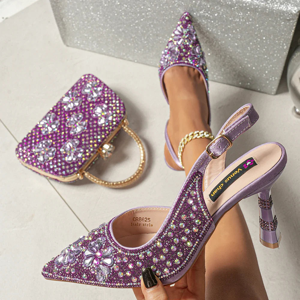 Purple High Heel Party Shoes & Rhinestone Handbag Set - Elegant Italian Design for Weddings and Special Occasion