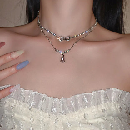 Korean Fashion Sweet Heart Shaped Necklace For Women Crystal Zircon Pendant Clavicle Chain Elegant Romantic Party Gift Jewelry
