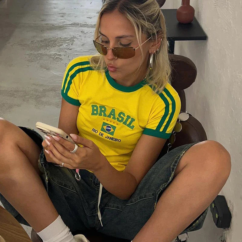 Y2k Five-star Brazil Crop Top Summer Women Aesthetics Baby Tees Gothic Emo Girl Vintage Letter Print Casual Short Sleeve T-shirt