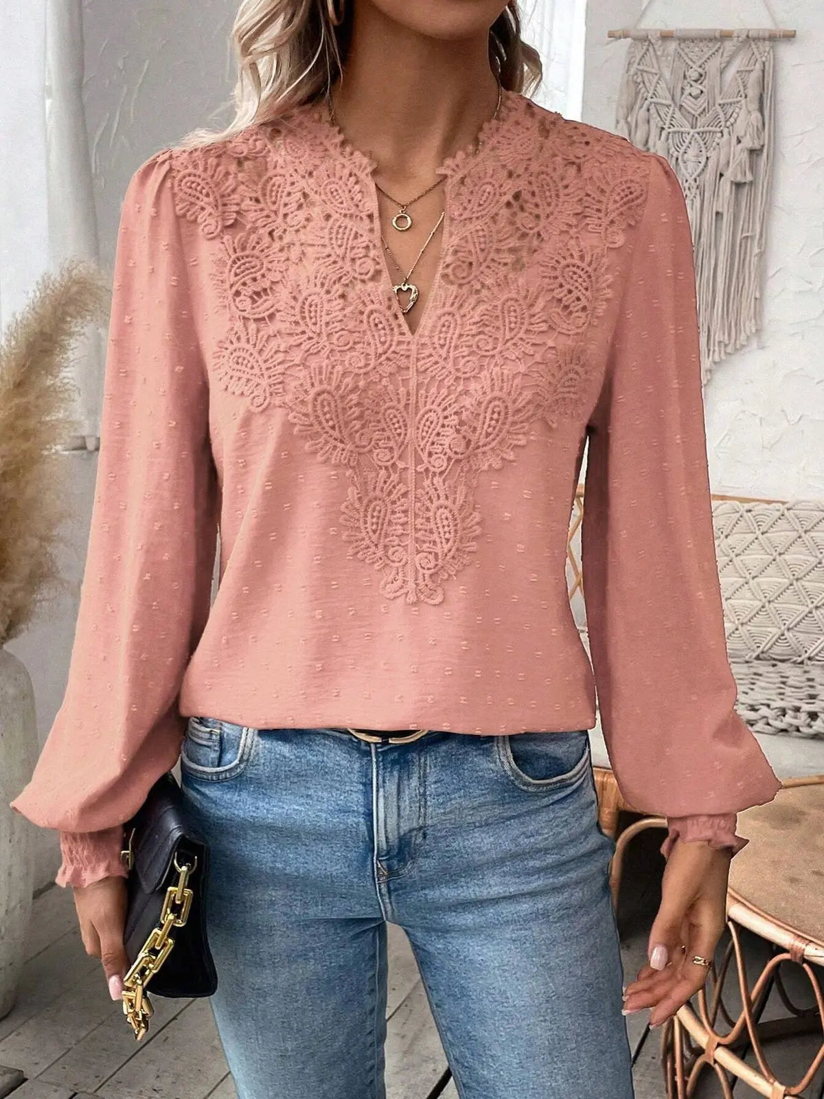 Womens Long Sleeve Sweaters Fall 2024 Trendy Sexy Lace V Neck Puff Sleeve Pullover Sweater Cute Tops