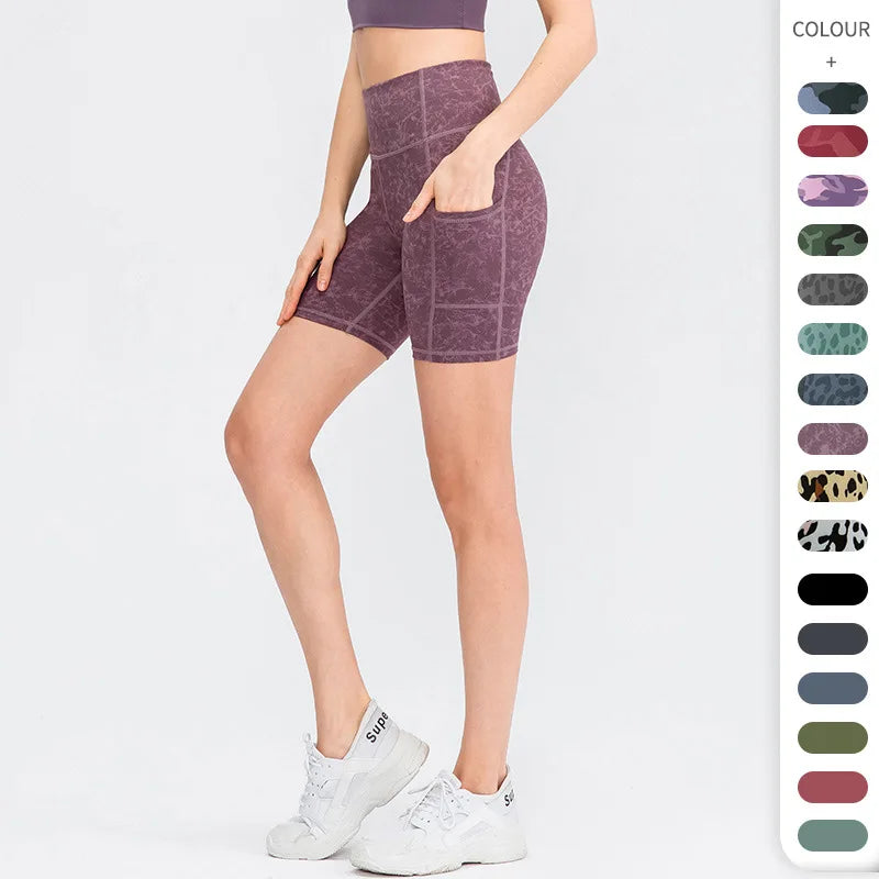 Women's printed nude yoga shorts with pockets skin-friendly tight stretch quick-drying sports fitness hiking running shorts