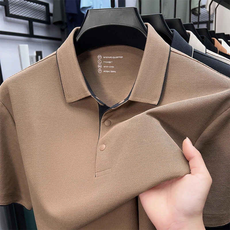 High quality 100% cotton solid color short sleeve polo shirt unique button men summer breathable comfort texture lapel T-shirt