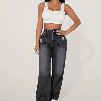 Loose Fit Elastic Fashionable Wide Leg Jeans, Blue Distressed Loose Wide Leg Jeans