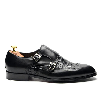 Classic Men's Genuine Leather Dress Shoes Double Buckle Monk Strap Wingtip Crocodile Print Business Office Formal Footwear Man
