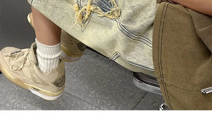 Star Patchwork Yellow Clay Color Jeans Summer Men Denim Shorts Trendy Streetwear Five-point Pants Straight Jeans Shorts