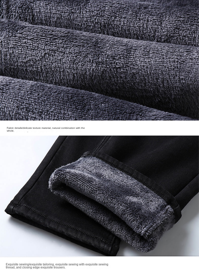 2023 Winter Men Black Blue Straight Stretch Denim Thick Velvet Pants Warm Jeans Casual Fleece Line Trousers Male Plus Size