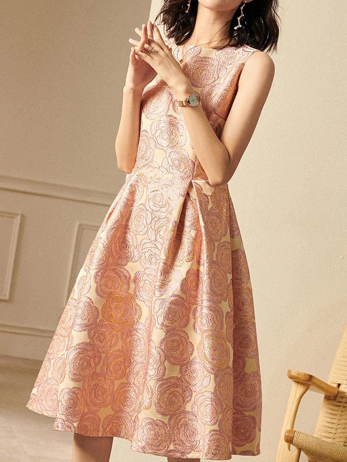 Elegant Women Sleeveless Summer Jacquard Boho Floral Vintage Ladies Party Clothes New A-Line Midi Dress Ladies Gowns