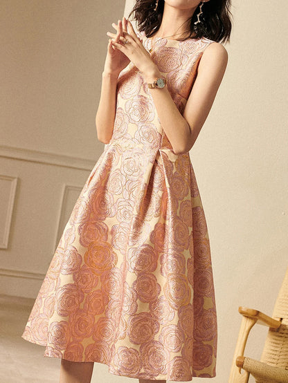Elegant Women Sleeveless Summer Jacquard Boho Floral Vintage Ladies Party Clothes New A-Line Midi Dress Ladies Gowns