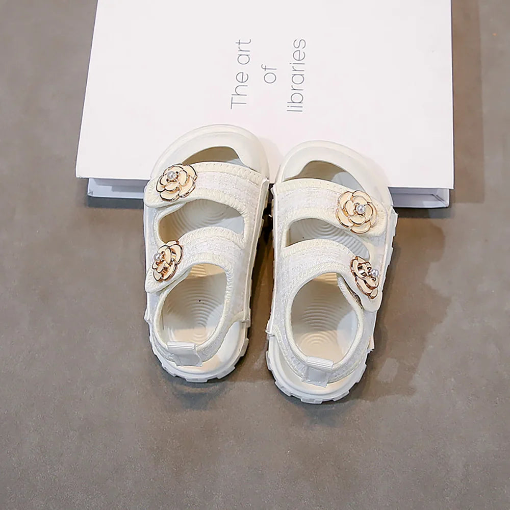 Korean Style Summer Sandals For Girls Luxury Pearl Flower Children's Beach Shoes Ergonomics Soft-soled Kid's Girl's Sandals