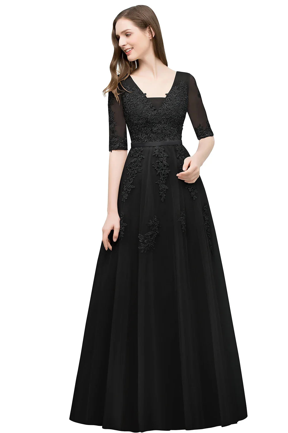 Elegant Half Sleeve Evening Dresses Lace Appliques A-Line Long Tulle Strap V-Neck Sheer Backless Prom Dress Empire Party Gowns
