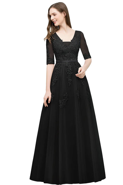 Elegant Half Sleeve Evening Dresses Lace Appliques A-Line Long Tulle Strap V-Neck Sheer Backless Prom Dress Empire Party Gowns