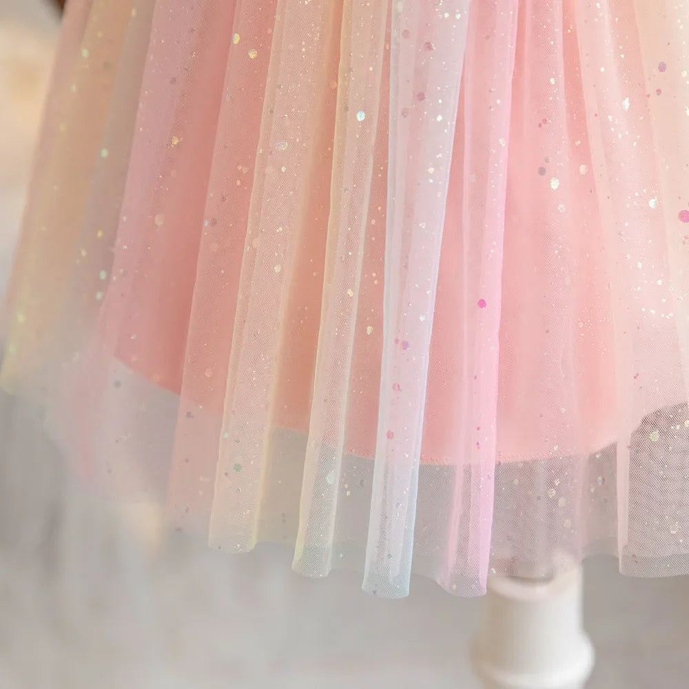1-5 Years Old Summer Kids Dresses Sleeveless Sequined Sweet Princess Girls Dress Costume Mesh Puffy Rainbow Children's Clothing