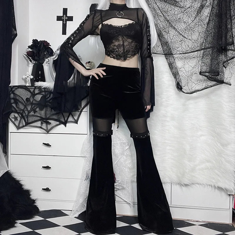 Black Mesh T-shirt Gothic Street Lace-up Punk Ring Flared Sleeves Eyelet Pullover Outer Harajuku Vintage Women Top