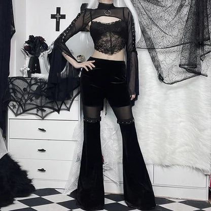 Black Mesh T-shirt Gothic Street Lace-up Punk Ring Flared Sleeves Eyelet Pullover Outer Harajuku Vintage Women Top