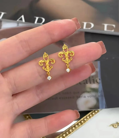 24K Real Gold Iris Earrings 9999 Ancient Fashionable and Versatile Women's Earrings Niche Design Earrings